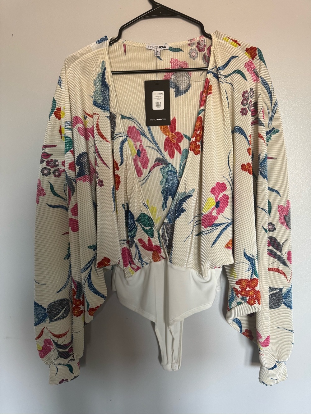 Fashion Nova Cream Floral Ribbed Bodysuit with Multicolor Print